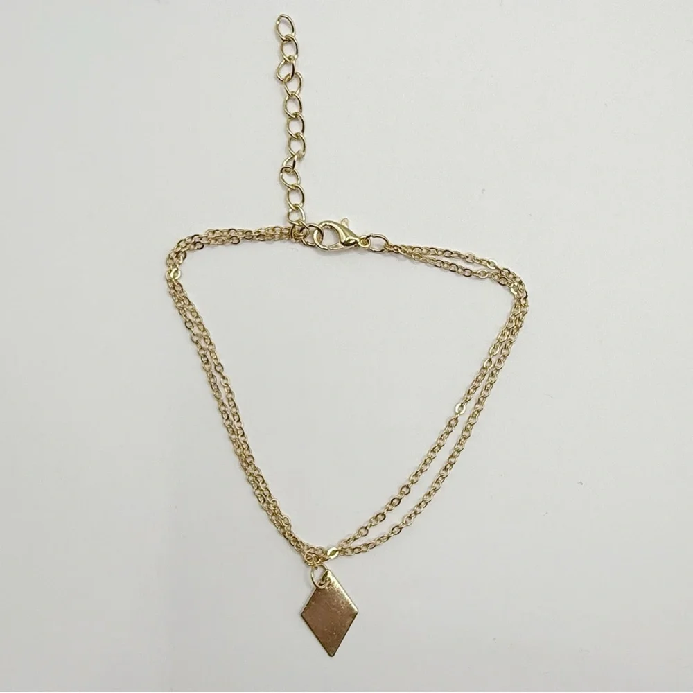 Gold Double Layer Bracelet Anklet | Minimal Diamond Charm Adjustable